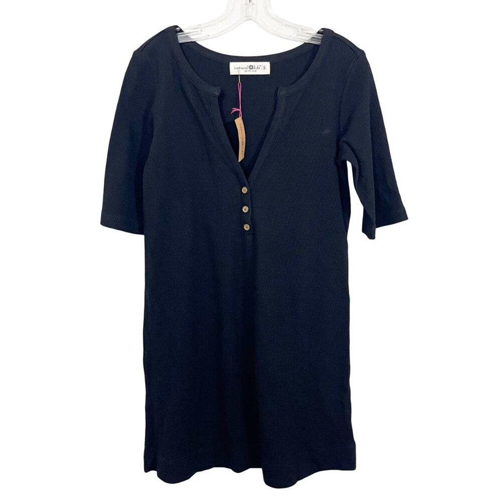 NEW Natural Life Easy‎ Street Mini Dress Henley T-Shirt Black Waffle Knit SMALL